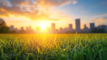 Sunrise over a city skyline with vibrant grass in the foreground.