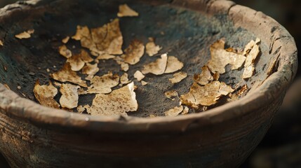 Detailed Image of an Ancient Pottery Bowl with Flaking Surface