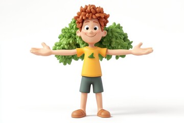 Front view of tree pose 3d render cartoon character on white background