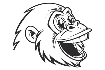 Illustrated gorilla head laughs openly, showing its teeth, with a black and white design
