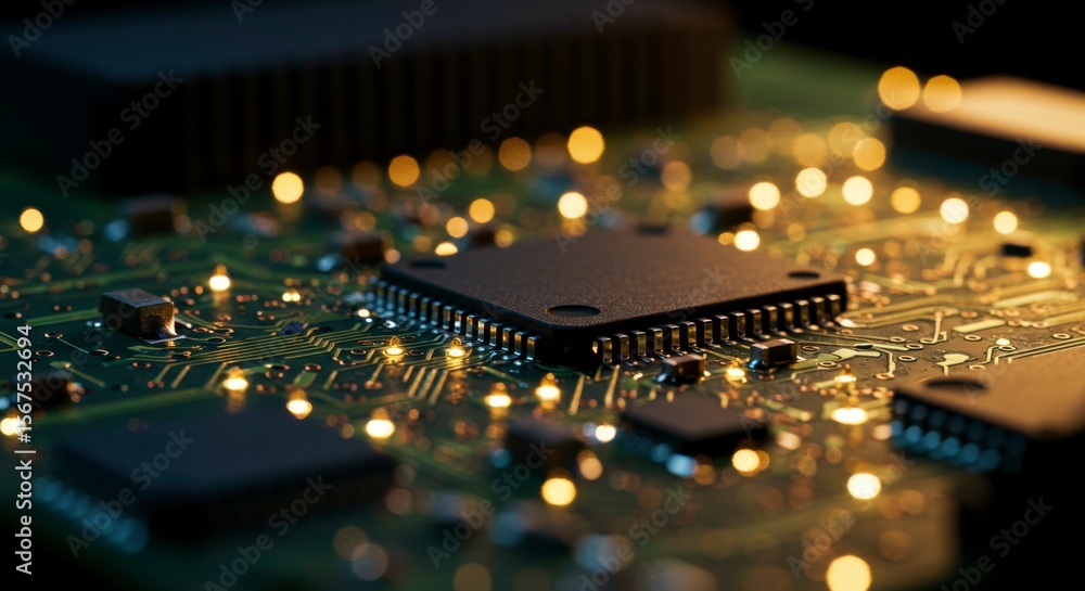 Poster close-up of illuminated circuit board showcasing integrated circuits and intricate pathways