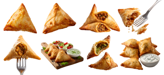 Set of crispy samosa fried baked pastry with savory filling, vegetarian meat spice, wooden serving board, fork, with dip, halved broken pile stack on transparent cutout PNG. Mockup template	
