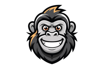 Fototapeta premium The grey gorilla head smiles widely with visible teeth and sharp amber eyes