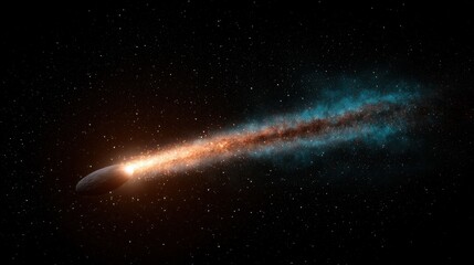 A comet streaking across the night sky, leaving a trail of fiery orange and blue particles.