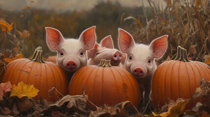 Autumnal delight, Curious piglets amongst pumpkins in a rustic setting