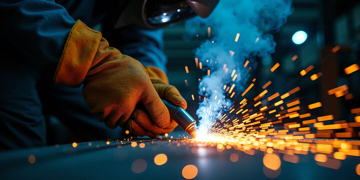 Close-up of industrial welder at work creating bright electric sparks while fusing metal in a modern fabrication workshop with protective gear, cinematic lighting, and intense manual precision - Powered by Adobe