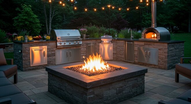 Outdoor kitchen with built-in grill, pizza oven, and fire pit, creating a sophisticated backyard entertainment area