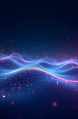Abstract glowing waves with particles against a dark blue background, creating a futuristic and ethereal atmosphere.