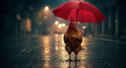 A hen stands in the rain on a city street at night, holding a red umbrella for protection