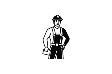 Confident Construction Worker Vector Illustration in Black and White Style