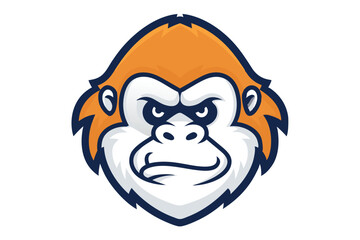 Isolated gorilla mascot head illustration shows an angry look with orange and white color