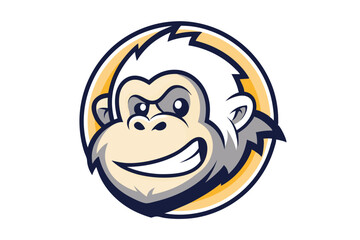 Vectorized depiction shows a cartoon monkey head with playful expression inside a circular frame