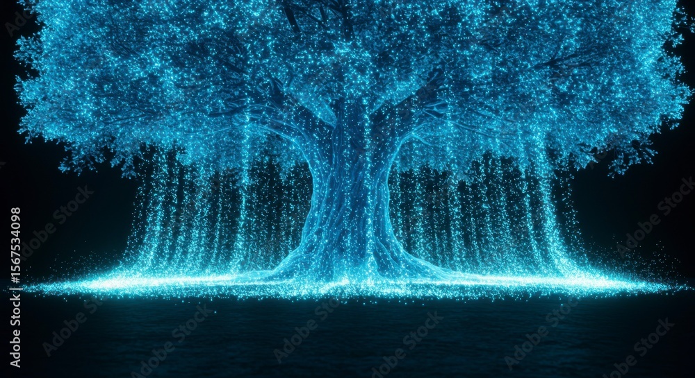 Poster glowing digital tree against a dark backdrop. luminescent branches cascading