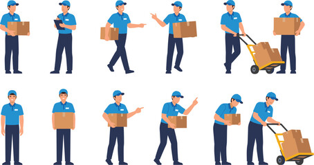 Delivery Service Workers in Blue Uniform Front View with Boxes, Hand Trucks, Clipboards, Posing with Gear, Logistics Team Vector Illustration Artwork