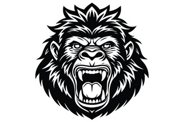 Intense roaring gorilla head with sharp teeth displays its primal anger boldly in black
