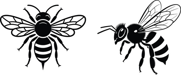 Obraz premium Honey Bee Insects Black and White Silhouette Vector Set