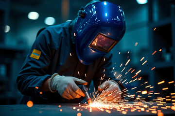 Close-up of industrial welder at work creating bright electric sparks while fusing metal in a modern fabrication workshop with protective gear, cinematic lighting, and intense manual precision