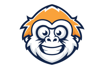 Smiling cartoon gorilla face featuring orange hair and navy outline is looking forward