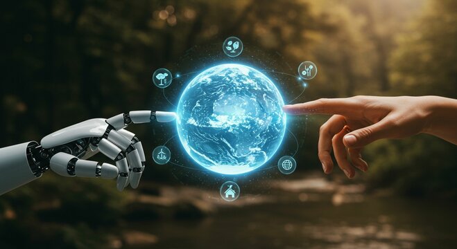 Robot and hand touching digital earth