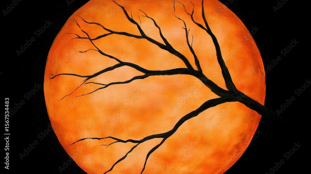 Poster a large orange circle with a black tree branch on the right side.