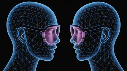 Visionary Duo: Abstract digital artwork depicting two human heads facing each other, both adorned with stylish glasses.