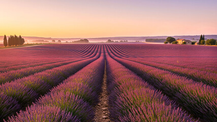 landscape of blooming a lavender field in the morning against golden sky background