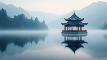 Fototapeta premium A New Chinese-style pavilion on a lake, an ink painting of a landscape.