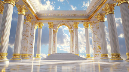 Grand Classic Architecture with Golden Columns and Marble Floor, Expansive Heavenly Temple Interior with Regal Baroque Design, Surreal Sky and Serene Divine Atmosphere