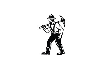 Retro Style Miner with Pickaxe Over Shoulder in Black and White