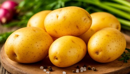 Fresh, golden potatoes are artfully arranged on a wooden surface with a sprinkle of salt and pepper. Green herbs create a vibrant background in this 3D, 4K image.