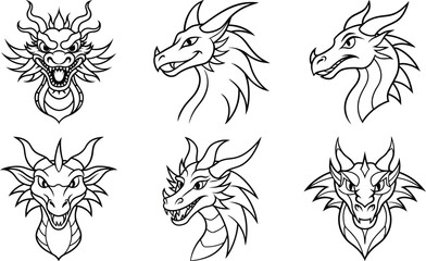 Vector art of six different dragon heads isolated on transparent background