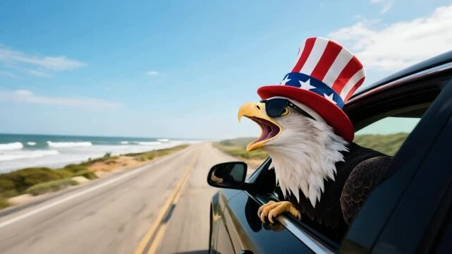 Patriotic bald eagle Wearing Uncle Sam Hat Enjoying Coastal Road Trip and sunglasses summer vacation animal lover design Independence da 4th of july patriotic ho