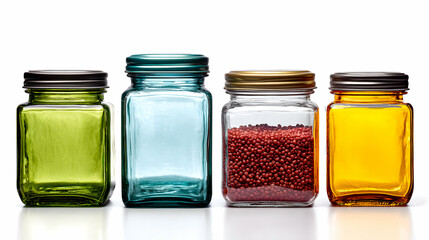 Four Colorful Glass Jars With Metal Lids On White Background