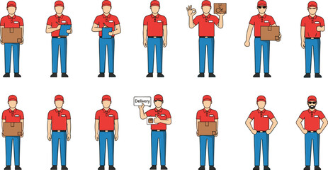 Delivery Service Workers in Uniform Front View, Holding Packages, Tablets, and Signs, Logistics Team Poses, E-commerce Courier Illustration, Vector Artwork
