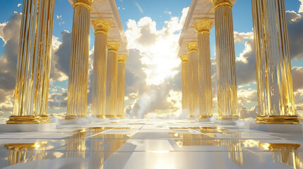 Divine Classical Architecture with Golden Pillars and Marble Floor, Expansive Temple Design Under Serene Sky and Cloudscape, Heavenly Light Shining Through