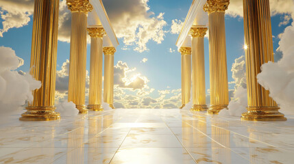 Divine Classical Architecture with Golden Pillars and Marble Floor, Expansive Temple Design Under Serene Sky and Cloudscape, Heavenly Light Shining Through