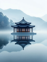 Fototapeta premium A New Chinese-style pavilion on a lake, an ink painting of a landscape.