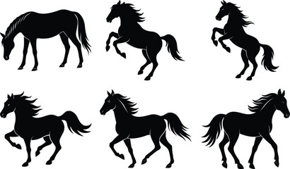 Vector art of six horse silhouettes isolated on transparent background