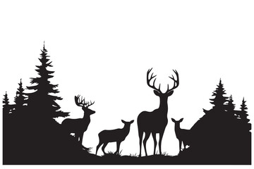Silhouetted Deer Family and Forest Scene in Monochrome Peaceful Wilderness
