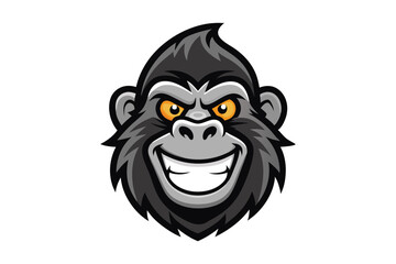 Gray gorilla's head reveals a wide, toothy grin and sharp golden eyes on white