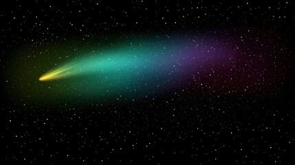 A comet with a green, blue, purple, and yellow tail streaking across the night sky.