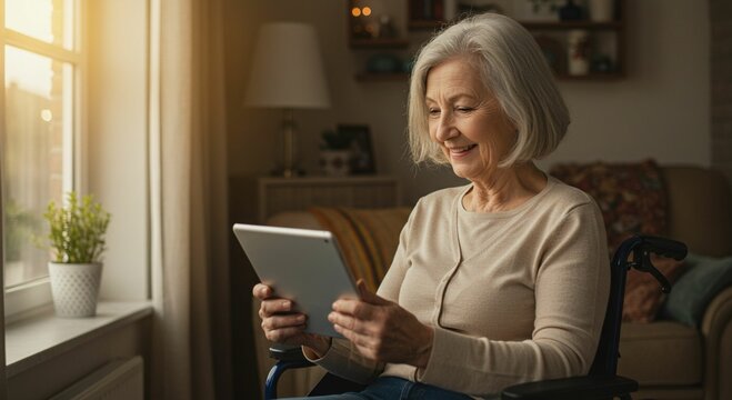 Senior woman using tablet in wheelchair