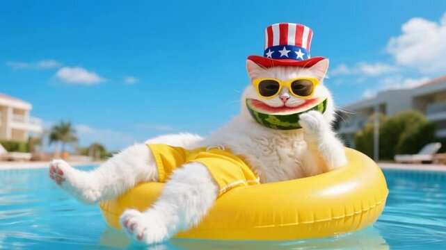 Patriotic Cat Eating Watermelon on Pool Float Wearing Uncle Sam Hat Enjoying Summer Vacation and sunglasses summer vacation animal lover design Independence da 4th of july patriotic ho.