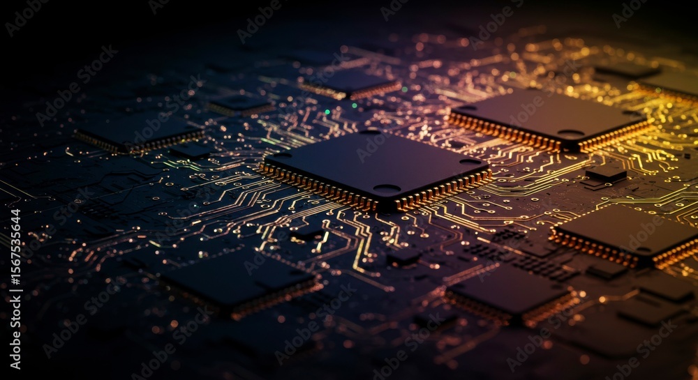 Aufkleber close-up of intricate circuitry on a dark, illuminated circuit board, showcasing multiple processors