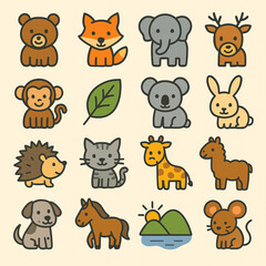 Fototapeta premium Colorful Cute Animal Icon Set with Flat Design and Transparent Background for Wildlife and Pet Themes