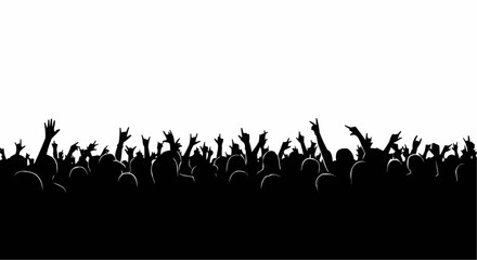 Cheering Concert Crowd Silhouette with Raised Hands on White Background, Music Festival Audience Vector Illustration


