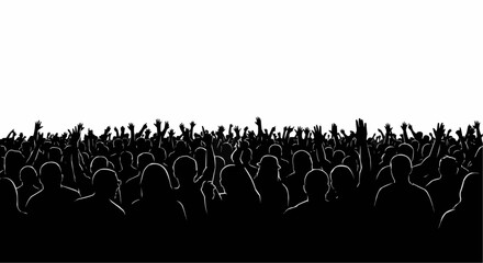 Cheering Concert Crowd Silhouette with Raised Hands on White Background, Music Festival Audience Vector Illustration

