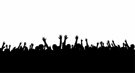 Cheering Concert Crowd Silhouette with Raised Hands on White Background, Music Festival Audience Vector Illustration

