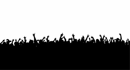 Cheering Concert Crowd Silhouette with Raised Hands on White Background, Music Festival Audience Vector Illustration


