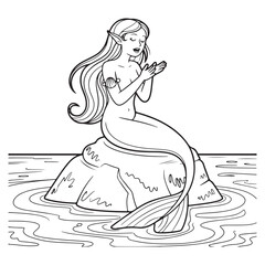 Mermaid singing on a rock in water black and white outline